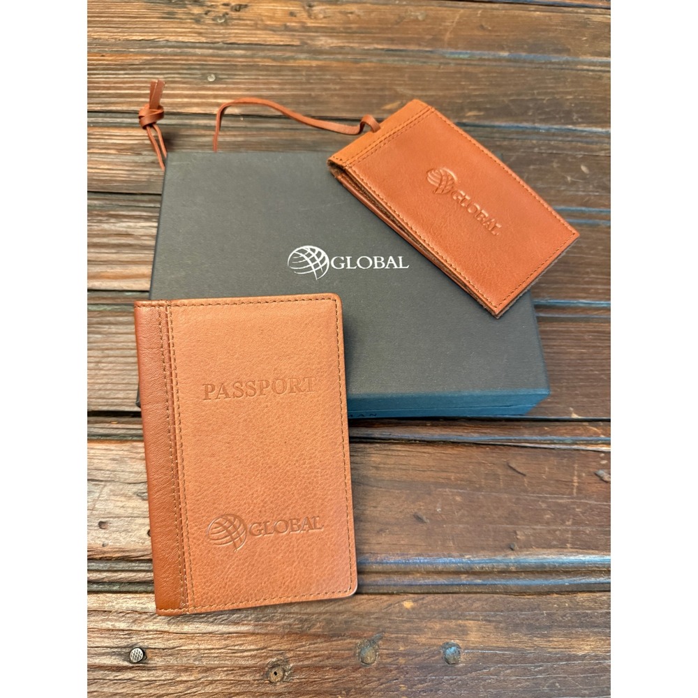Leeman Designs Tan Leather Passport Cover and Luggage Tag Travel Gift Set Global